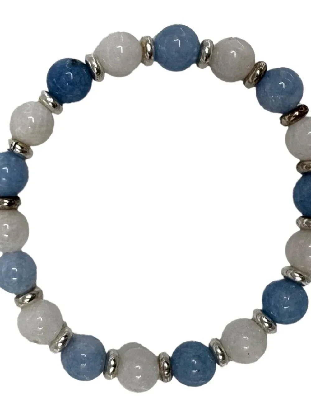 8mm Natural Aquamarine White Moonstone Gemstone Stretch Bracelet Silver Bead